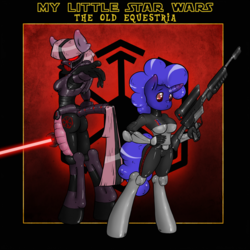 Size: 1000x1000 | Tagged: safe, artist:dreadcoffins, oc, oc only, oc:asterisk the witch, oc:rubber heart, anthro, unguligrade anthro, gun, imperial agent, lightsaber, ponified, sith, star wars, weapon