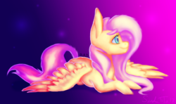 Size: 646x383 | Tagged: safe, artist:blitsazalisdash, artist:sandutita, fluttershy, pegasus, pony, g4, collaboration, female, looking away, looking up, mare, profile, prone, solo, spread wings, wings