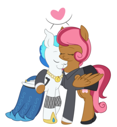 Size: 1000x1087 | Tagged: safe, artist:espeonna, oc, oc only, pegasus, pony, clothes, dress, female, heart, hug, lesbian, mare, simple background, suit, transparent background