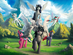 Size: 3746x2822 | Tagged: safe, artist:l1nkoln, oc, oc only, alicorn, earth pony, pegasus, pony, unicorn, colored pupils, commission, female, flying, grass, group, heterochromia, looking at you, mare, mountain, scenery, sky, smiling, statue, tree