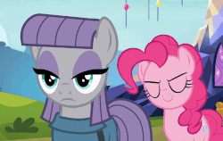 Size: 818x518 | Tagged: safe, screencap, maud pie, pinkie pie, starlight glimmer, earth pony, pony, unicorn, g4, rock solid friendship, animated, butt touch, female, friendshipper on deck, gif, hoof on butt, pinkie the shipper, push, pushing, rump push, saddle bag, shipper on deck, twilight's castle