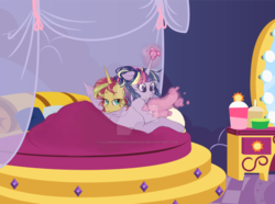 Size: 1024x763 | Tagged: safe, artist:uniquecolorchaos, sunset shimmer, twilight sparkle, alicorn, pony, g4, bed, blanket, cuddling, cuddling in bed, female, in bed, lesbian, levitation, magic, magic aura, mare, reading, ship:sunsetsparkle, shipping, telekinesis, twilight sparkle (alicorn), watermark