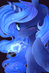Size: 1024x1536 | Tagged: safe, artist:baldmoose, princess luna, alicorn, pony, g4, female, heart, looking at you, magic, mare, missing accessory, one eye closed, solo, wink