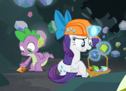 Size: 358x258 | Tagged: safe, screencap, rarity, spike, dragon, pony, unicorn, g4, rock solid friendship, season 7, animated, blinking, cropped, duo, duo male and female, eyeshadow, female, frown, funny background event, gem, gem cave, gif, glowing, glowing horn, helmet, horn, magic, magic aura, makeup, male, mare, mining helmet, open mouth, open smile, sitting, smiling, teeth, telekinesis