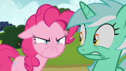 Size: 902x508 | Tagged: safe, screencap, lyra heartstrings, pinkie pie, earth pony, pony, unicorn, g4, rock solid friendship, angry, animated, female, floppy ears, frown, gif, head shake, out of context