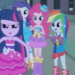 Size: 322x322 | Tagged: safe, artist:thegaypanic, screencap, pinkie pie, rainbow dash, rarity, twilight sparkle, equestria girls, g4, my little pony equestria girls, arm warmers, balloon, boots, bracelet, canterlot high, cropped, doors, fall formal outfits, female, hat, high heel boots, jewelry, open mouth, sleeveless, top hat, twilight ball dress, wings