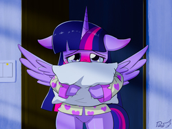 Size: 2000x1500 | Tagged: safe, artist:phoenixperegrine, twilight sparkle, alicorn, pony, g4, bipedal, blushing, clothes, cute, featureless crotch, female, floppy ears, hug, looking at you, mare, pajamas, pillow, pillow hug, solo, twiabetes, twilight sparkle (alicorn)
