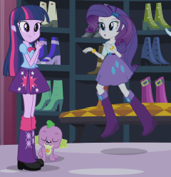Size: 240x248 | Tagged: safe, screencap, rarity, spike, twilight sparkle, dog, equestria girls, equestria girls (movie), bench, boots, bowtie, bracelet, carousel boutique, clothes, cropped, high heel boots, jewelry, jumping, leg warmers, picture for breezies, shoes, skirt, spike the dog
