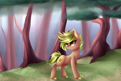 Size: 4500x3000 | Tagged: safe, artist:scarlet-spectrum, oc, oc only, oc:pixie star, pony, unicorn, colored pupils, commission, ear piercing, female, forest, high res, mare, piercing, smiling, solo, tree