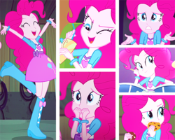 Size: 500x400 | Tagged: safe, edit, edited screencap, screencap, pinkie pie, equestria girls, g4, my little pony equestria girls: rainbow rocks, clothes, collage, cookie, cup, cute, diapinkes, drum kit, drums, eyes closed, female, food, musical instrument, one eye closed, raised leg, solo, straw