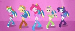 Size: 1280x539 | Tagged: safe, screencap, applejack, fluttershy, pinkie pie, rainbow dash, rarity, equestria girls, g4, my little pony equestria girls, balloon, boots, clothes, compression shorts, cowboy boots, cowboy hat, denim skirt, female, hat, helping twilight win the crown, high heel boots, humane five, legs, lidded eyes, looking at you, pony ears, shoes, skirt, socks, stetson, wondercolts uniform