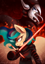 Size: 841x1190 | Tagged: safe, artist:chirpy-chi, oc, oc:sapphire breeze, pony, crossguard lightsaber, crossover, fire, kylo ren, lightsaber, may the fourth be with you, star wars, weapon