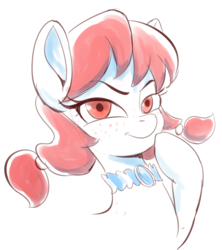 Size: 858x968 | Tagged: safe, artist:grissaecrim, earth pony, pony, colored sketch, crossover, female, looking at you, mare, meme, pigtails, ponified, simple background, smiling, smug wendy's, solo, wendy's, white background