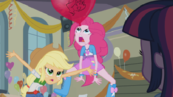 Size: 485x271 | Tagged: safe, screencap, applejack, pinkie pie, sunset shimmer, twilight sparkle, equestria girls, g4, my little pony equestria girls, balloon, boots, bracelet, clothes, heart balloon, high heel boots, jewelry, skirt, streamers