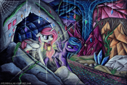 Size: 1280x853 | Tagged: safe, artist:julunis14, princess celestia, princess luna, alicorn, pony, g4, blank flank, cave, cewestia, crystal, female, filly, floppy ears, lantern, mare, mouth hold, pink-mane celestia, royal sisters, sisters, spider web, traditional art, woona, younger