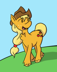 Size: 841x1054 | Tagged: safe, artist:maniakmonkey, applejack, earth pony, pony, g4, chest fluff, female, open mouth, solo, unshorn fetlocks