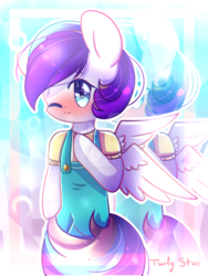 Size: 1024x1365 | Tagged: safe, artist:twily-star, oc, oc only, oc:jess clowd, pegasus, pony, semi-anthro, female, mare, one eye closed, overalls, solo, wink