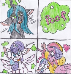 Size: 2481x2594 | Tagged: safe, artist:cuddlelamb, princess cadance, princess flurry heart, queen chrysalis, changeling, g4, age regression, crying, disguise, disguised changeling, drool, heart, high res, poof, traditional art