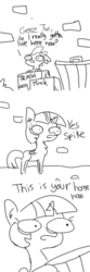 Size: 1280x3840 | Tagged: safe, artist:tjpones, spike, twilight sparkle, alicorn, dragon, pony, g4, abuse, black and white, brick wall, comic, doodle, grayscale, monochrome, simple background, spikeabuse, trash can, twibitch sparkle, twilight sparkle (alicorn), white background
