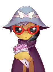 Size: 668x900 | Tagged: dead source, safe, artist:nika191319, a.k. yearling, daring do, pony, g4, bouquet, cute, female, hat, looking at you, mare, simple background, smiling, solo, sunglasses, transparent background