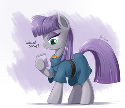 Size: 2250x1950 | Tagged: safe, artist:bugplayer, boulder (g4), maud pie, earth pony, pony, g4, rock solid friendship, clothes, cup, dialogue, eyeshadow, female, high res, lidded eyes, makeup, mare, rock, solo