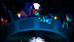 Size: 3840x2160 | Tagged: safe, artist:aeridiccore, artist:dj-chopin, apple bloom, princess luna, scootaloo, sweetie belle, pony, g4, 3d, alternate hairstyle, blank flank, bridge, candle, cutie mark crusaders, full moon, high res, hill, moon, night, ponytail, poster, river, sleeping, source filmmaker