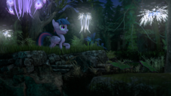Size: 4000x2250 | Tagged: safe, artist:redaceofspades, twilight sparkle, alicorn, pony, g4, 3d, exploring, female, forest, glowing, grass, nature, plants, poster, scenery, solo, source filmmaker, tree, twilight sparkle (alicorn)