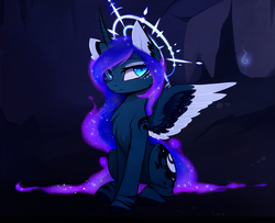 Size: 2062x1673 | Tagged: dead source, safe, artist:magnaluna, princess luna, alicorn, pony, g4, cheek fluff, chest fluff, colored wings, colored wingtips, curved horn, ear fluff, female, galaxy mane, halo, horn, lidded eyes, looking at you, mare, sitting, smiling, solo, wing fluff