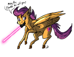 Size: 1300x1000 | Tagged: safe, artist:shimazun, scootaloo, pegasus, pony, g4, colored pupils, female, filly, lightsaber, looking at you, may the fourth be with you, mouth hold, muffled words, simple background, solo, star wars, the cmc's cutie marks, weapon, white background