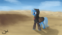 Size: 3840x2160 | Tagged: safe, artist:derpyjoel, trixie, pony, unicorn, g4, adventure, desert, female, high res, mare, scenery, solo