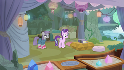 Size: 1920x1080 | Tagged: safe, screencap, maud pie, starlight glimmer, earth pony, pony, g4, rock solid friendship, bed, book, cave, clothes, crystal, curtains, cushion, gem, jar, lantern, maud's cave, rock, rug, slippers