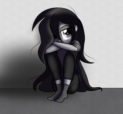 Size: 780x720 | Tagged: dead source, safe, artist:wubcakeva, oc, oc only, oc:cupcake slash, equestria girls, g4, black and white, clothes, crying, depressed, grayscale, hair over one eye, monochrome, pants, sad, simple background, sitting, socks, solo