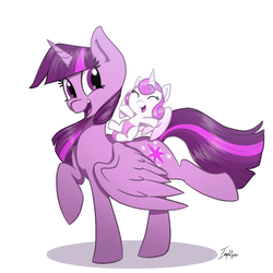 Size: 1350x1350 | Tagged: safe, artist:imaplatypus, edit, princess flurry heart, twilight sparkle, alicorn, pony, g4, aunt and niece, auntie twilight, baby, diaper, female, flurry heart riding twilight, foal, mare, open mouth, ponies riding ponies, riding, simple background, smiling, twilight is bae, twilight sparkle (alicorn), white background