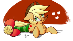 Size: 4800x2700 | Tagged: safe, artist:tg1117, applejack, earth pony, pony, g4, alternate hairstyle, bow, chest fluff, clothes, cute, female, floppy ears, high res, jackabetes, lying down, prone, socks, solo, striped socks, tail bow