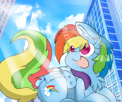 Size: 6000x5000 | Tagged: safe, artist:meowmavi, rainbow dash, pony, g4, absurd resolution, chest fluff, city, crepuscular rays, ear fluff, female, open mouth, skyscraper, smiling, solo