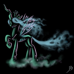 Size: 4500x4510 | Tagged: safe, artist:angelbee23, queen chrysalis, changeling, changeling queen, g4, absurd resolution, crown, design, female, fog, jewelry, raised hoof, regalia, shirt design, simple background, solo