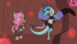 Size: 1024x587 | Tagged: safe, artist:author92, idw, mina, princess ember, dragon, g4, cave, clothes, dragon lord ember, dragoness, female, fingerless gloves, gem, gloves, kicking, martial arts, mma, shorts, sports bra