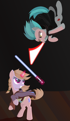Size: 759x1320 | Tagged: safe, artist:lavendus, oc, oc only, earth pony, pony, unicorn, black background, cloak, clothes, female, lightsaber, magic, mare, mouth hold, simple background, star wars, weapon