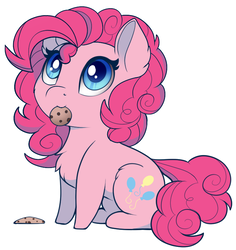 Size: 748x793 | Tagged: safe, artist:evehly, pinkie pie, earth pony, pony, g4, behaving like a cat, c:, cheek fluff, chest fluff, chibi, cookie, cute, diapinkes, ear fluff, female, fluffy, food, leg fluff, looking up, mare, mouth hold, nom, short legs, simple background, sitting, smiling, solo, weapons-grade cute, white background
