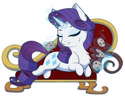 Size: 748x587 | Tagged: safe, artist:evehly, rarity, pony, unicorn, g4, chest fluff, chibi, cookie, couch, cute, eating, eyes closed, female, food, glowing horn, horn, magic, mare, raribetes, short legs, simple background, solo, white background
