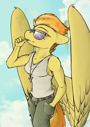 Size: 1045x1476 | Tagged: safe, artist:sinrar, spitfire, pegasus, anthro, g4, cigarette, female, folded wings, muscles, solo, sunglasses, wonderbolts