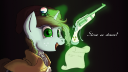 Size: 2870x1614 | Tagged: safe, artist:aaronmk, oc, oc only, oc:littlepip, pony, unicorn, fallout equestria, black background, fanfic, fanfic art, female, glowing horn, gun, handgun, hat, horn, levitation, little macintosh, magic, magic glow, mare, open mouth, phrygian cap, revolver, simple background, solo, telekinesis, weapon