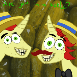 Size: 2500x2500 | Tagged: safe, edit, flam, flim, pony, g4, bowtie, creepy, duo, flim flam brothers, food, high res, looking at you, pickle, pickles, pun, wat, why