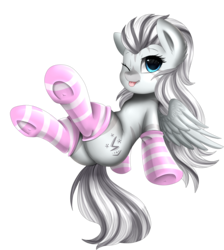 Size: 2550x2850 | Tagged: safe, artist:pridark, oc, oc only, oc:crystal eclair, pegasus, pony, fallout equestria, clothes, commission, female, high res, mare, simple background, smiling, socks, solo, stockings, striped socks, thigh highs, underhoof