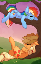 Size: 1242x1920 | Tagged: safe, artist:ratofdrawn, applejack, rainbow dash, earth pony, pegasus, pony, g4, applejack's hat, cowboy hat, crossed hooves, crossed legs, cute, duo, duo female, eyes closed, female, floppy ears, folded wings, freckles, hat, in a tree, lying down, mare, on back, outdoors, prone, sleeping, smiling, straw in mouth, tree, tree branch, wings