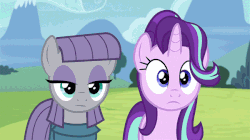 Size: 600x337 | Tagged: safe, edit, edited screencap, editor:paragonaj, screencap, maud pie, starlight glimmer, trixie, earth pony, pony, unicorn, g4, no second prances, rock solid friendship, animated, bedroom eyes, butt, eyes closed, female, gif, heart, implying, lesbian, looking at each other, looking at you, mare, one eye closed, plot, pose, raised hoof, ship:mauxie, ship:startrix, shipping, smiling, starmaud, starmauxie, walking, wink