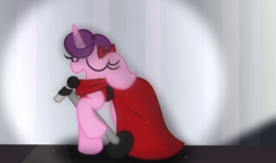 Size: 1176x698 | Tagged: safe, artist:thefanficfanpony, sugar belle, pony, unicorn, g4, bow, clothes, dress, female, floppy ears, hair bow, mare, microphone, red dress, singing, solo, stage