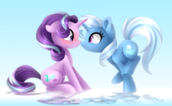 Size: 4800x2954 | Tagged: safe, artist:scarlet-spectrum, starlight glimmer, trixie, pony, unicorn, g4, blushing, boop, cute, duo, duo female, female, high res, lesbian, looking at each other, mare, noseboop, scrunchy face, ship:startrix, shipping, sitting, smiling, underhoof