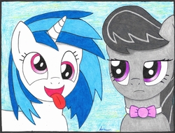 Size: 2814x2140 | Tagged: safe, artist:bio-iridescence, dj pon-3, octavia melody, vinyl scratch, earth pony, pony, unicorn, g4, cute, derp, duo, female, high res, lesbian, mare, octavia is not amused, selfie, ship:scratchtavia, shipping, silly, silly face, silly pony, tongue out, traditional art, unamused, vinylbetes