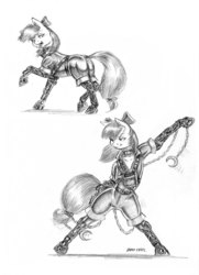 Size: 1100x1522 | Tagged: safe, artist:baron engel, apple bloom, earth pony, pony, g4, butt, clothes, female, grayscale, mare, monochrome, older, pencil drawing, plot, simple background, smiling, solo, traditional art, white background